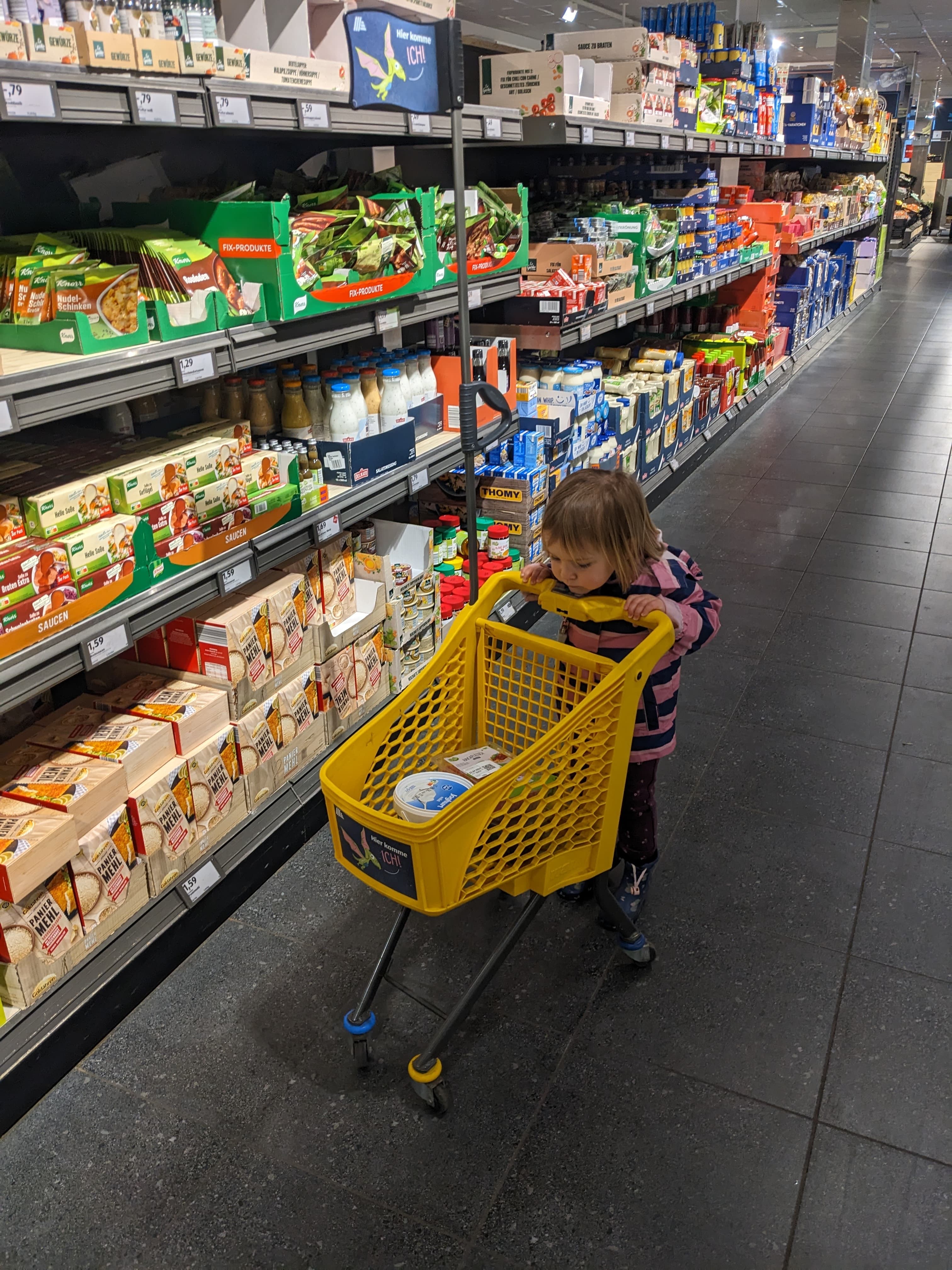 Kind mit Mini-Einkaufswagen im Supermarkt