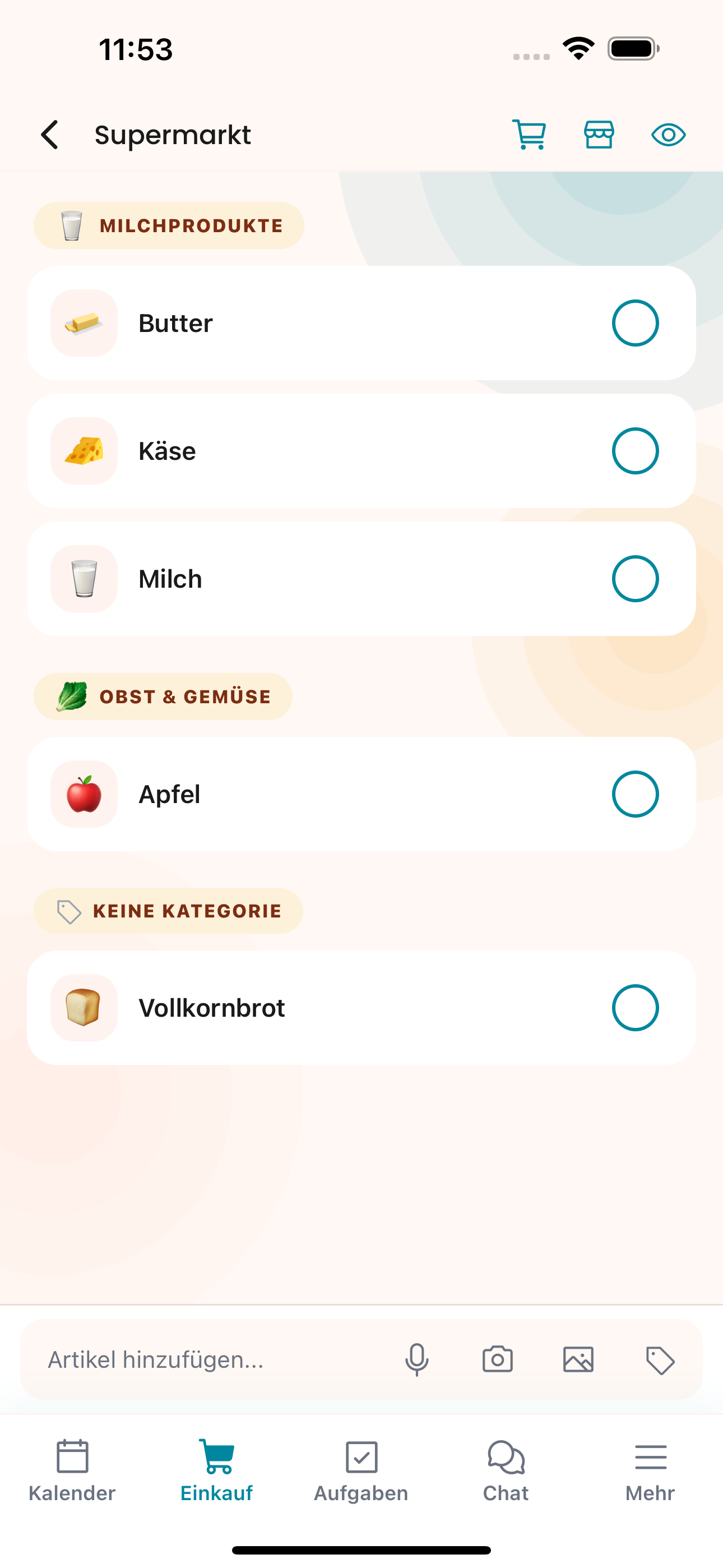 Geteilte Einkaufsliste in Mokkeli, nach Supermarkt-Abteilungen sortiert