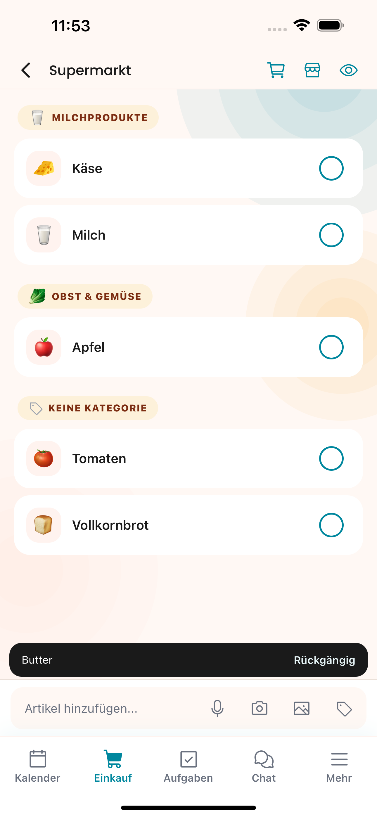 Artikel in Mokkeli live abhaken beim Einkaufen
